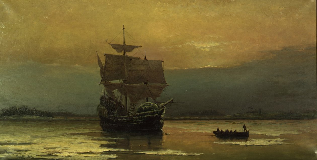 William_Formby_Halsall_-_The_Mayflower_on_Her_Arrival_at_Plymouth_Harbor_1882_-_(MeisterDrucke-1199721)