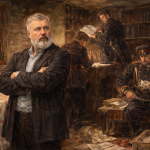 Bearded man in a dim study