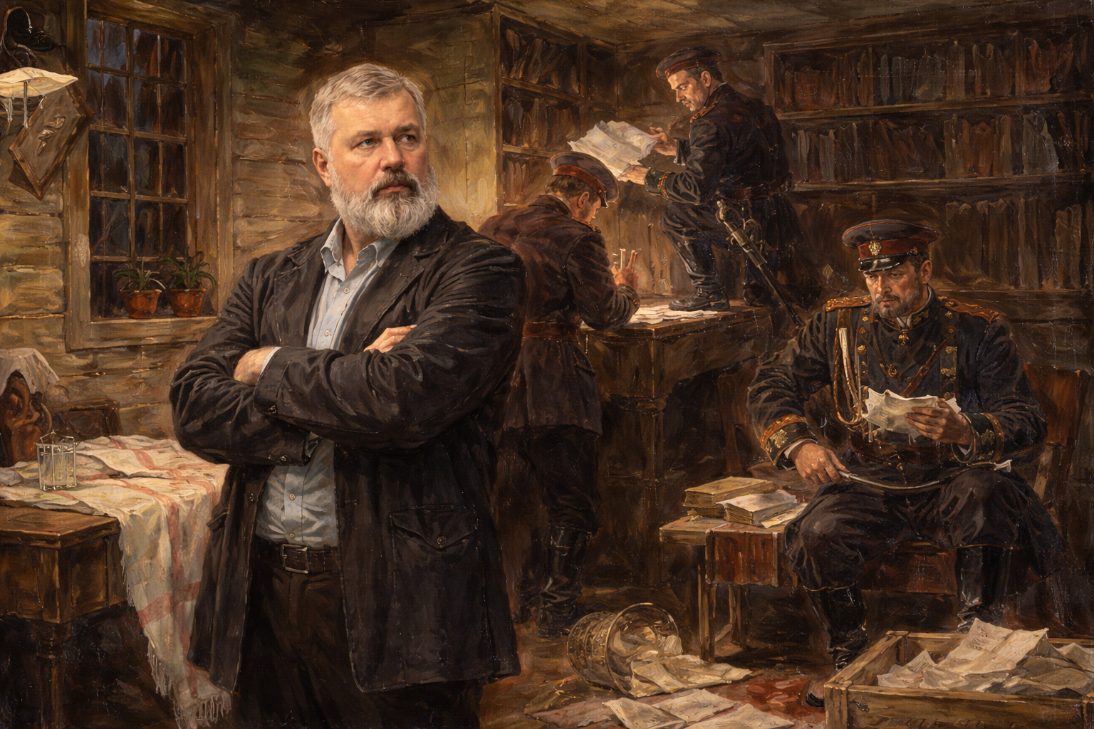 Bearded man in a dim study
