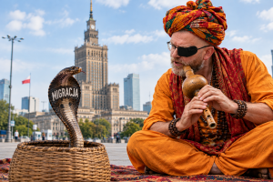 Zaklinacz węży pod Pałacem Kultury